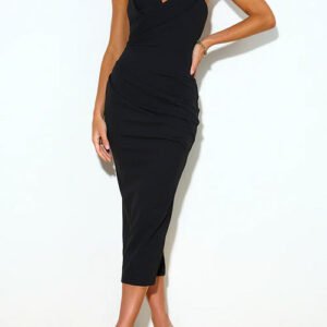 Off Shoulder Sleeveless Back Slit Ruched Midi Dress