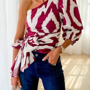 One Shoulder Puff Sleeve Tie Waist Printed Top
