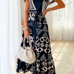 Square Neck Puff Sleeve Printed Midi Dress