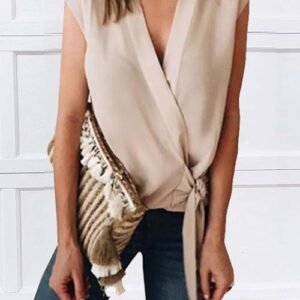 Rosiedress Solid V Neck Tie Waist Wrapped Top