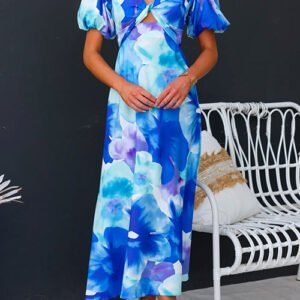 V Neck Twist Front Puff Sleeves Floral Print Midi Dress