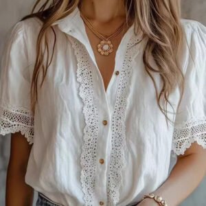 Rosiedress Lapel Short Sleeves Button Up Lace Trim Top