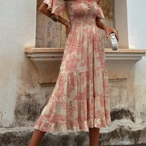 Off Shoulder Smocked Ruffle Tiered Printed Midi Dress