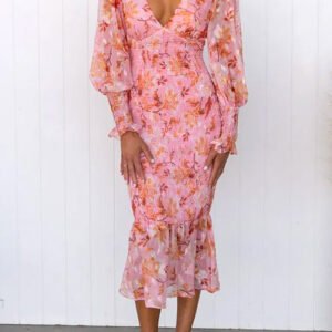 V Neck Long Sleeves Smocked Fairy Floral Mermaid Midi Dress
