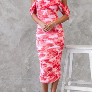 Off Shoulder Ruched Mesh Overlay Slim Fit Floral Midi Dress
